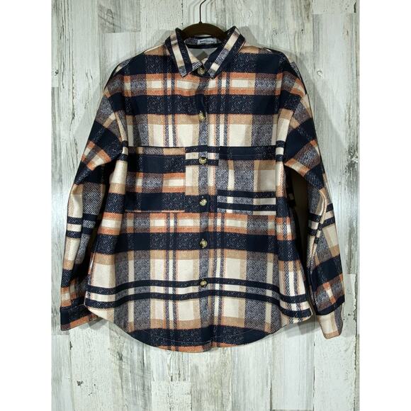 Betianro Womens Flannel Shirt Jacket Shacket Medium Navy Peach Cream Plaid - Picture 1 of 9